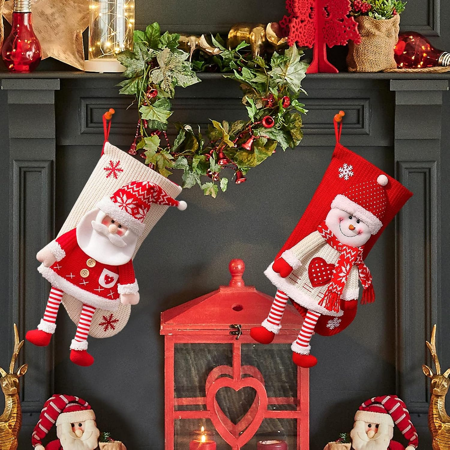 20 Inch Christmas Stockings Set, Large Personalized Christmas Stockings 2 Pack, Knitted Santa Snowman Socks 3D Pattern, Eve Candy Stocking Gifts Bag for for Holiday Xmas Party Decorations image number 4