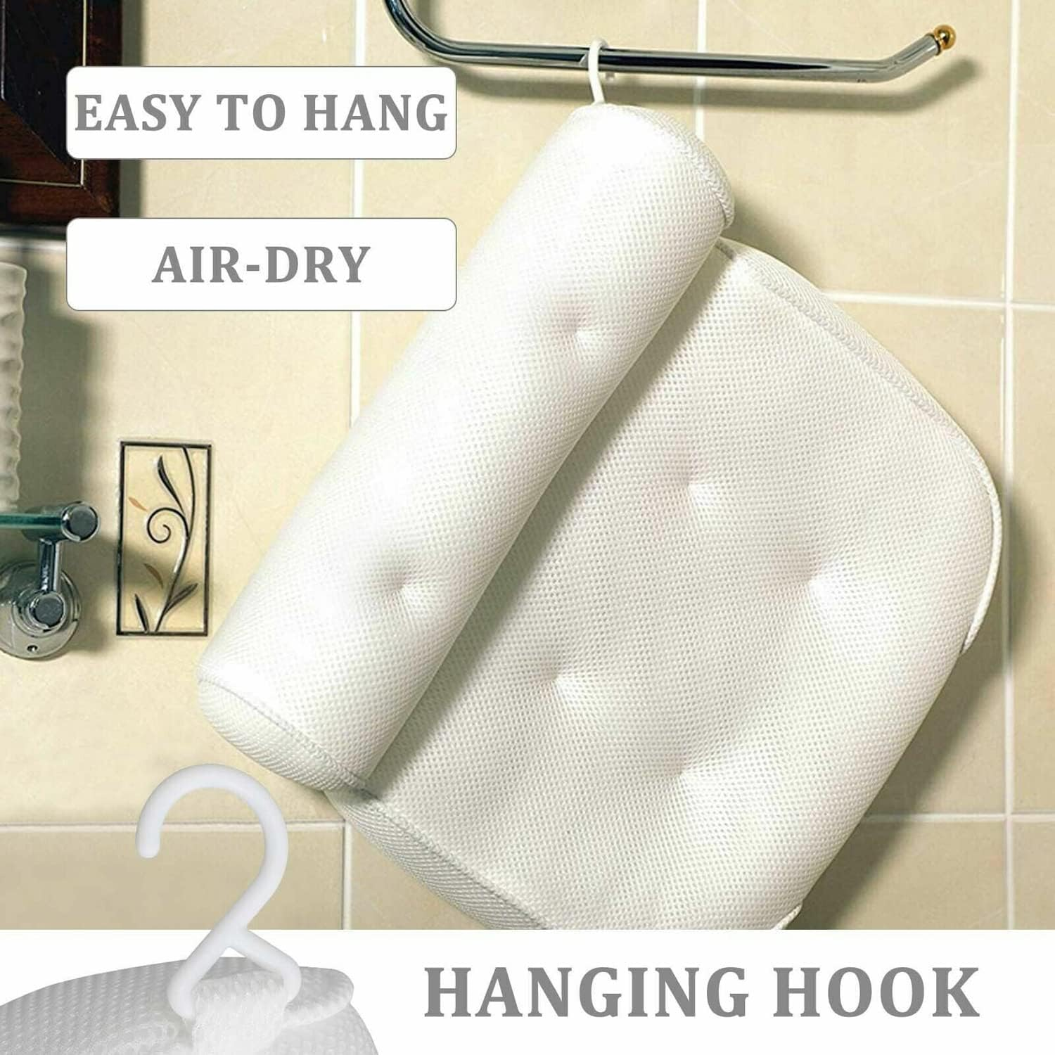 Bath Pillow, Bath Pillows for Bathtub, Bathtub Home Spa Soft Pillow with 3D Air Mesh Breathable and 6 Suction Cups, Head, Neck, Back and Shoulder Support, Air Dry with Hanging Hook image number 4