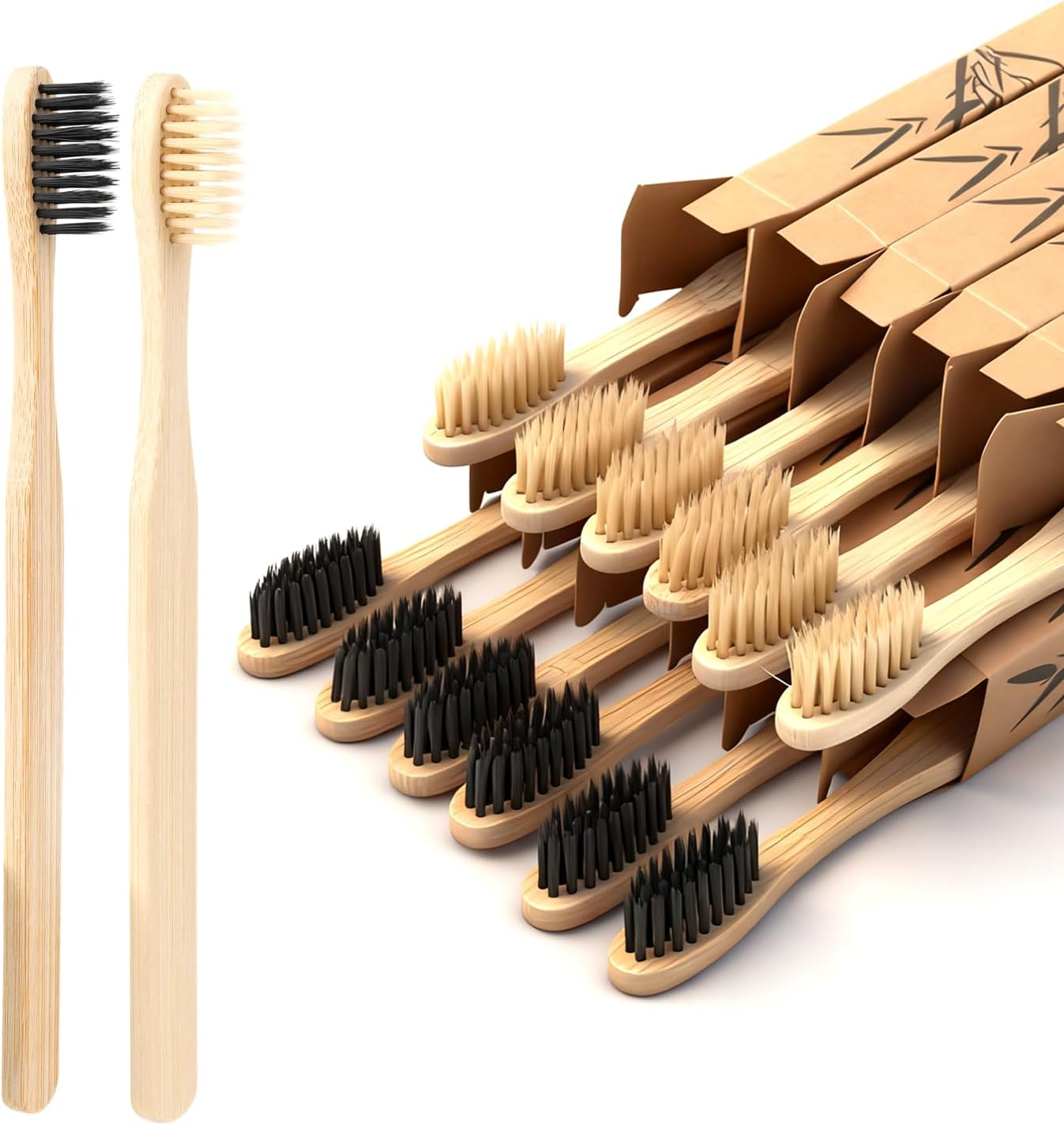 12 Pcs Bamboo Toothbrush, Bamboo Charcoal Tooth Brush Eco Friendly with Soft Bristles Wood Tooth Brushes Biodegradable Recyclable, Oral Care Set for Home Travel Camping image number 5
