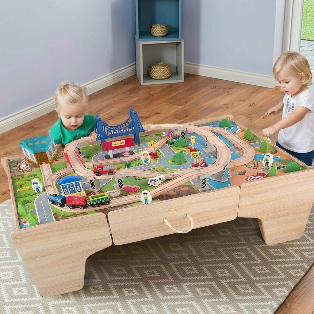Kids Wooden Train Set Railway Activity Track Set Play Table with Storage Drawer 80PC 107(L) X63(W) X40(H) Cm image number 5