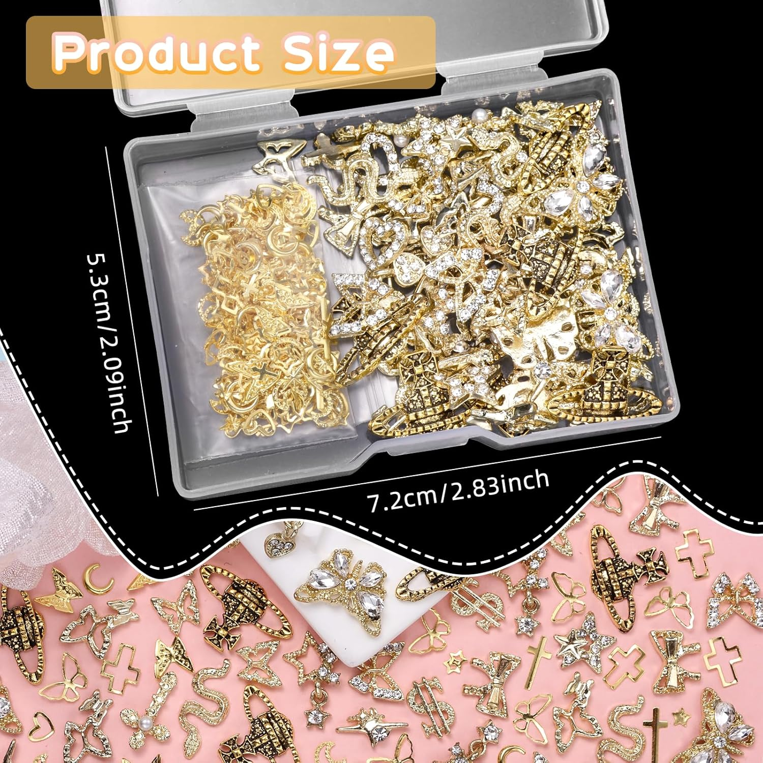 170 Pcs 3D Gold Nail Charms, Cross Snake Star Heart Dangle Nail Gems Charms, Bow Planet Dollar Butterfy Nail Gems for Alloy Nails, Rivet Nail Rhinestones for Nails Art DIY Design image number 3