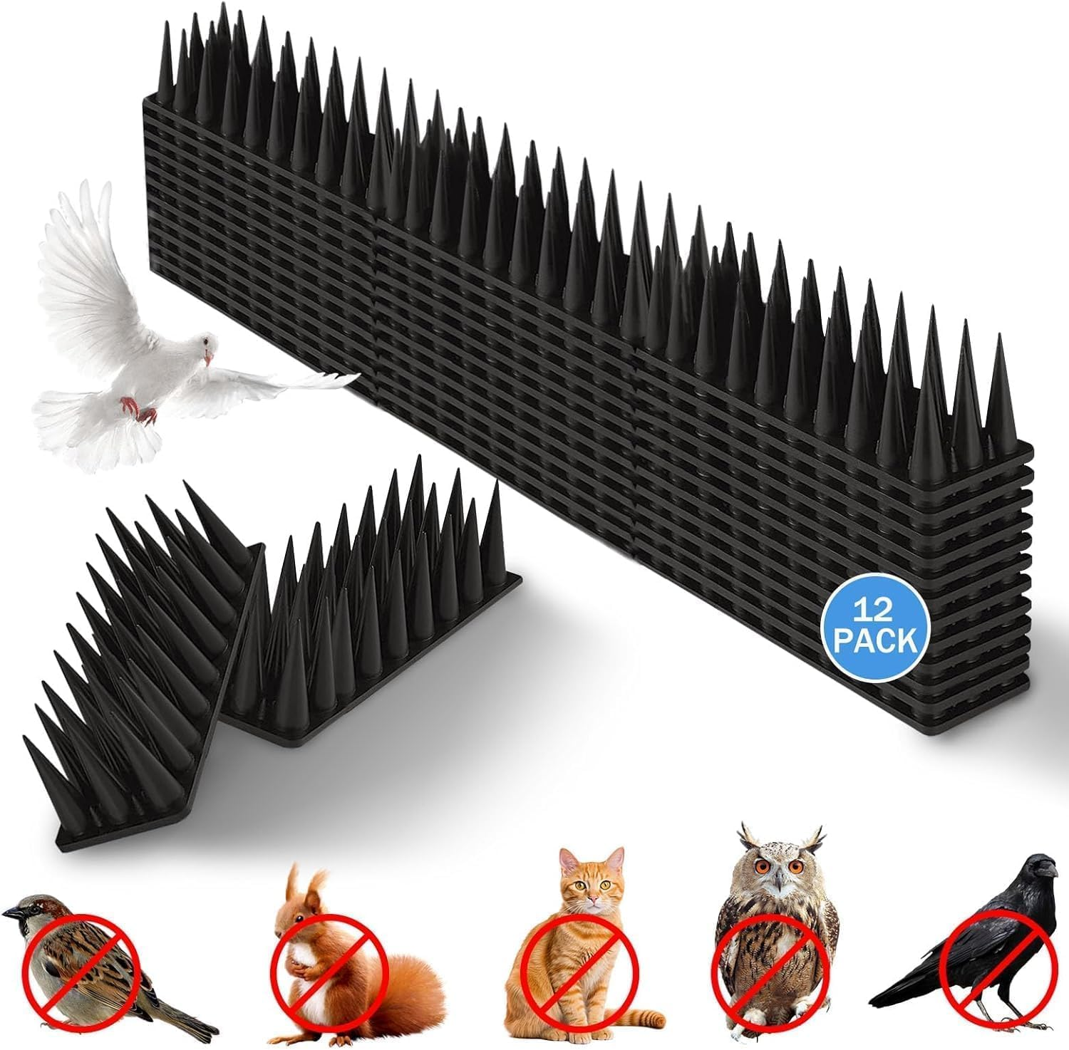 12Pcs Wall & Fence Spikes, Plastic anti Bird Spikes for Outside, Cat Squirrel Raccoon Pigeon Fox Intruder Deterrent Spikes, Bird Repellent Spikes for Garden, Balcony, Roofs, Gate Wall, Window (Black)