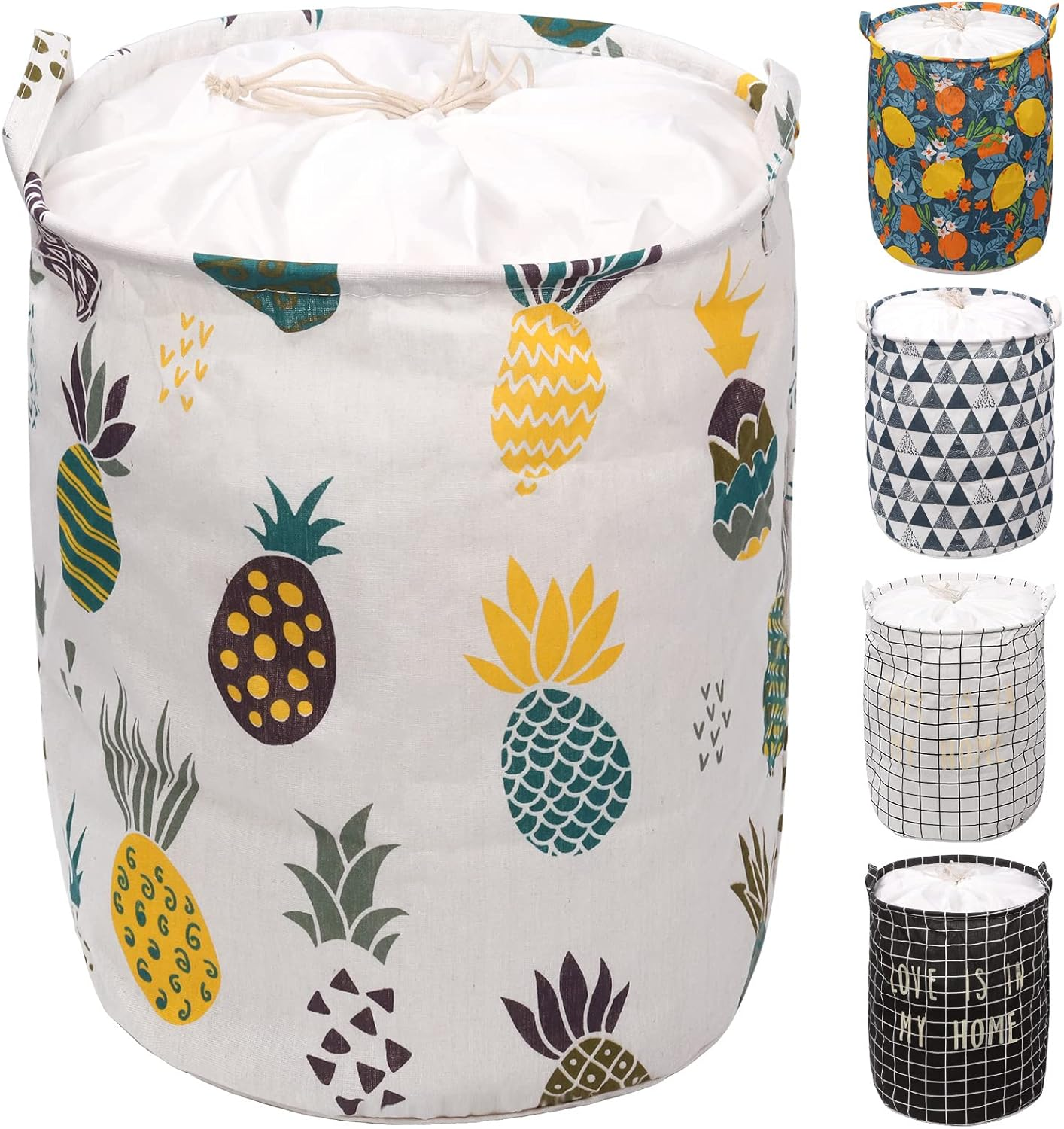 Tanstic 1Pc Freestanding Laundry Basket with Pineapple Pattern, Foldable Large Drawstring Clothes Hamper Collapsible Fabric Bag with Leather Handle for Clothes Washing (15.7X19.6 Inch) image number 1