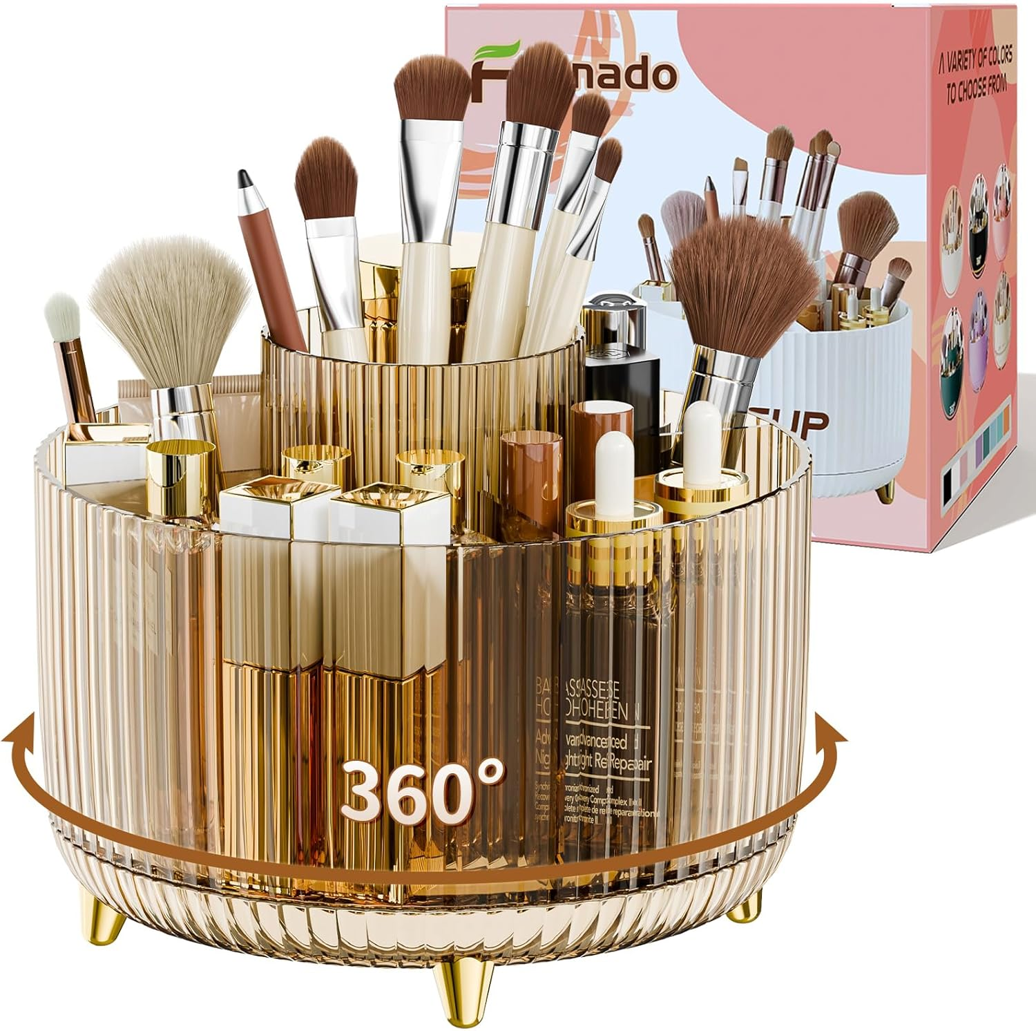 Fanado 360&deg; Rotating Makeup Organizers Countertop, 5 Slot Makeup Brush Holder Organizer for Cosmetics, Skincare Storage Beauty Holder for Eyeliner Lipstick on Bathroom Vanity(Clear Amber)