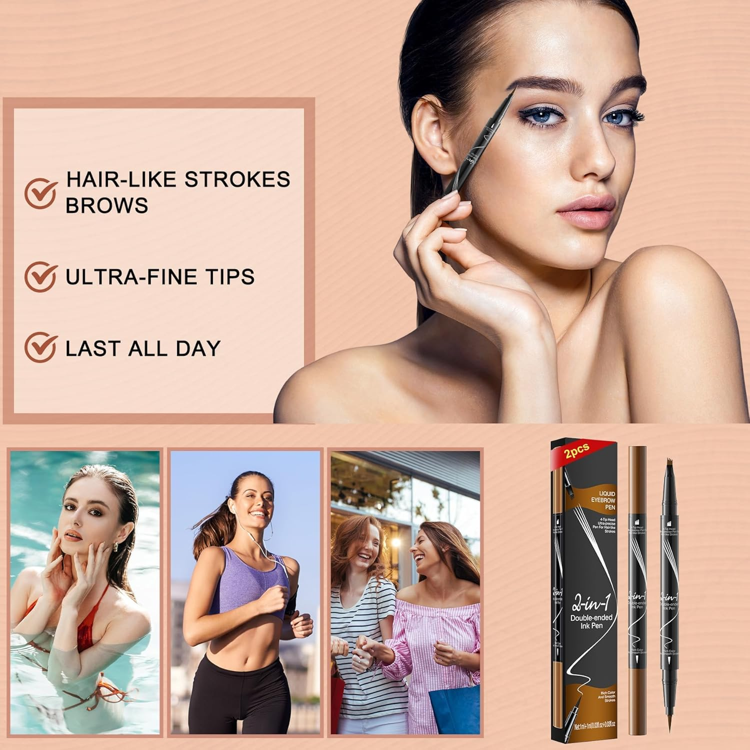 Microblading Eyebrow Pen - Waterproof 2-In-1 Dual-Ended Eye Brow Pen with 9-Fork-Tip Brow Pen and Precise Brush Create Natural Looking Defined Eyebrows Last All Day image number 1