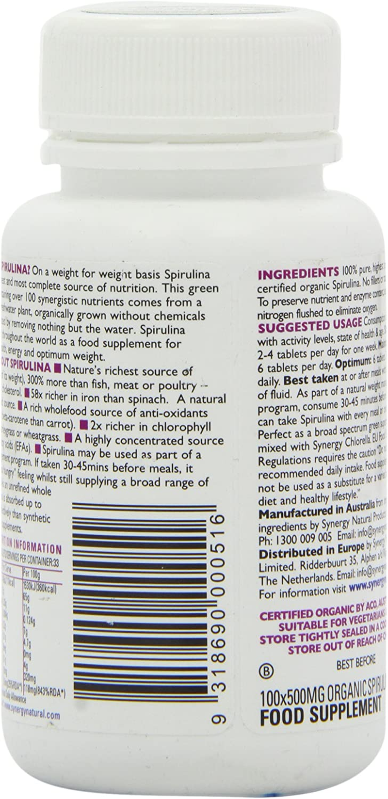 Synergy Natural Organic Spirulina 100 Tablets 500Mg image number 6