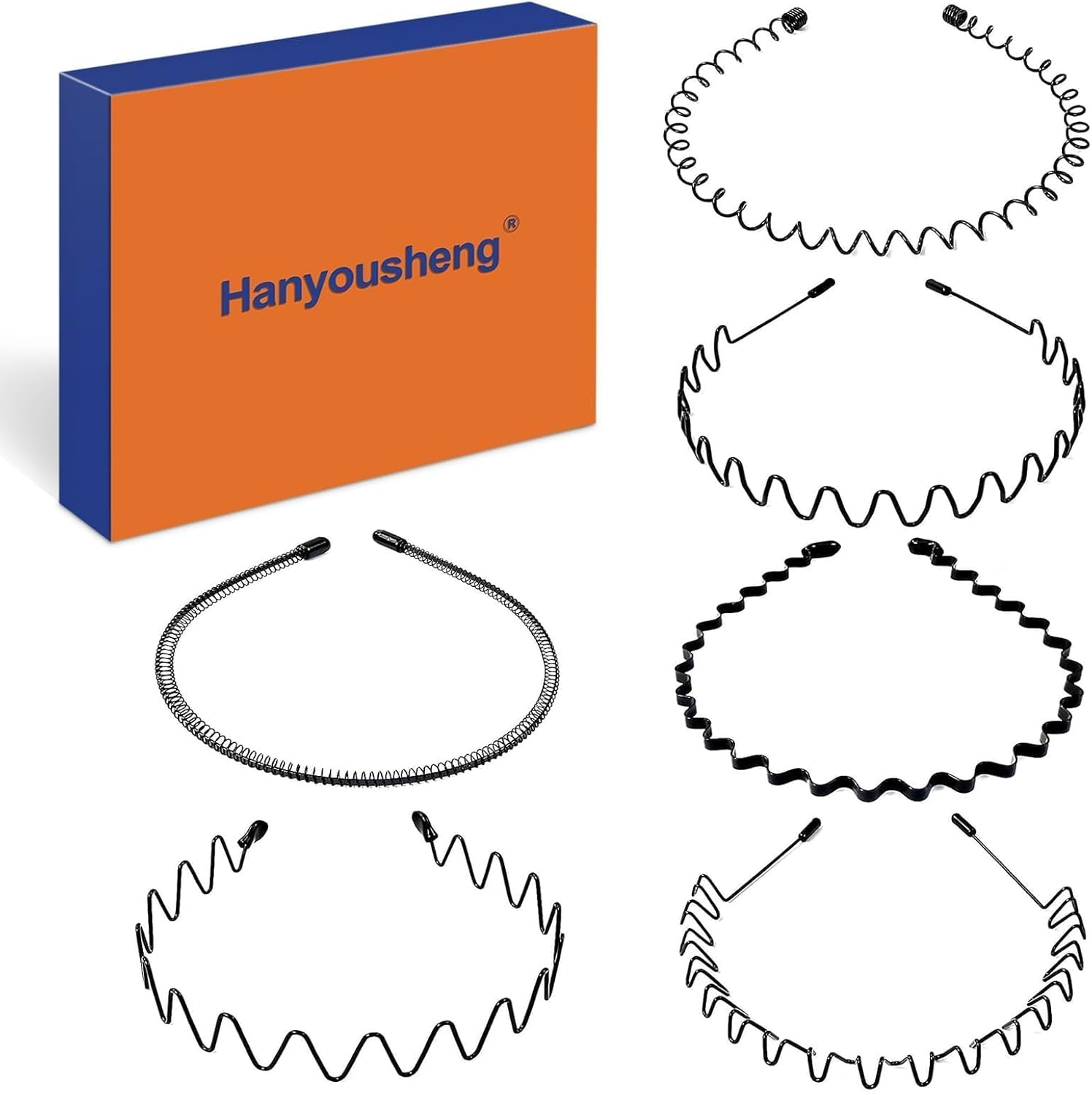 Hanyousheng 6 Pieces Metal Headband Black, Multi-Style Metal Hair Hoop, Unisex Hair Band, Hair Hoop Spring Wave Hairband, Sport Fashion Hair Band Accessories for Women and Men