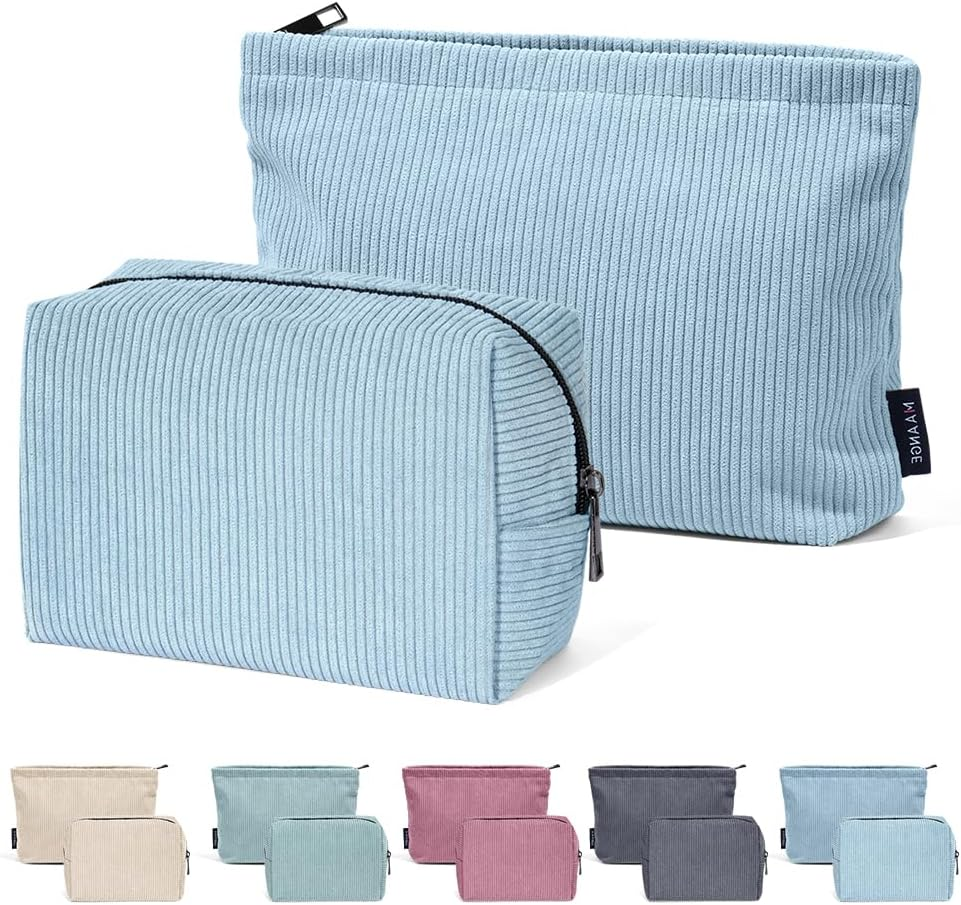 MAANGE 2 Pcs Makeup Bag, Cosmetic Bags for Women Travel Set Small Makeup Bag for Purse Corduroy Portable Versatile Zipper Pouch for Women (Blue image number 2