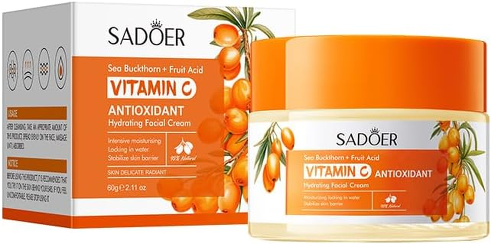 Vitamin C Facial Cream, Antioxidant Hydrating Moisturiser with Sea Buckthorn, 60G image number 1