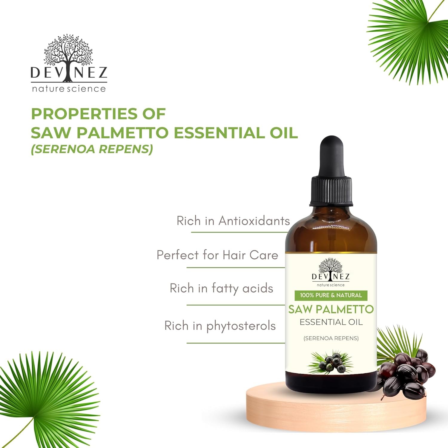Devinez Saw Palmetto Certified Oil, 15Ml (Serenoa Repens) - 100% Pure Natural & Undiluted Therapeutic Grade for Skin & Hair Care with Glass Dropper & Glass Bottle image number 5