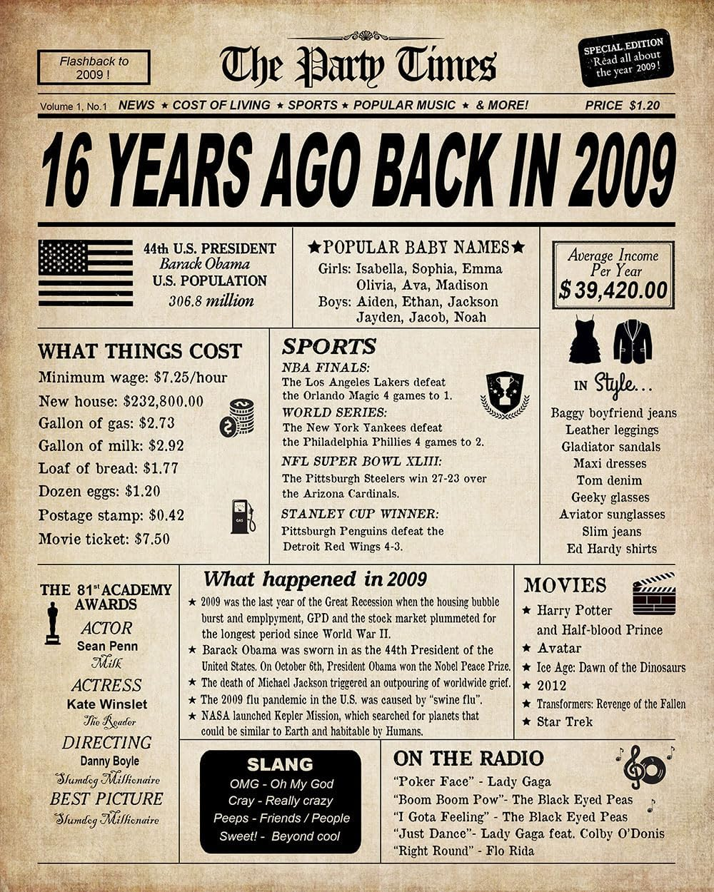 GIFTSFARM 16Th Birthday Decorations for Boys and Girls, Back in 2009 Print, 16Th Birthday Card, Vintage Party Poster Supplies Anniversary Centerpiece for Teens, 16 Birthday Decoration, Sweet 16