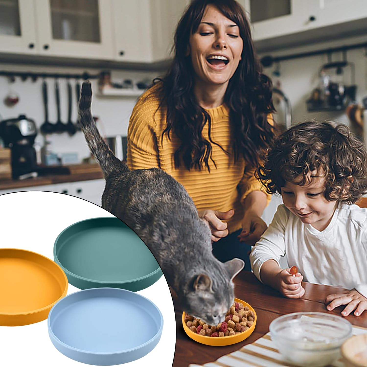 Pack of 3 Cat Bowls, Cat Feeding Bowls, Tricolour Cat Bowls, 18 Cm Silicone Bowl, Wide Cat Bowl, for Dry Food and Wet Food (Blue, Green, Yellow) image number 5