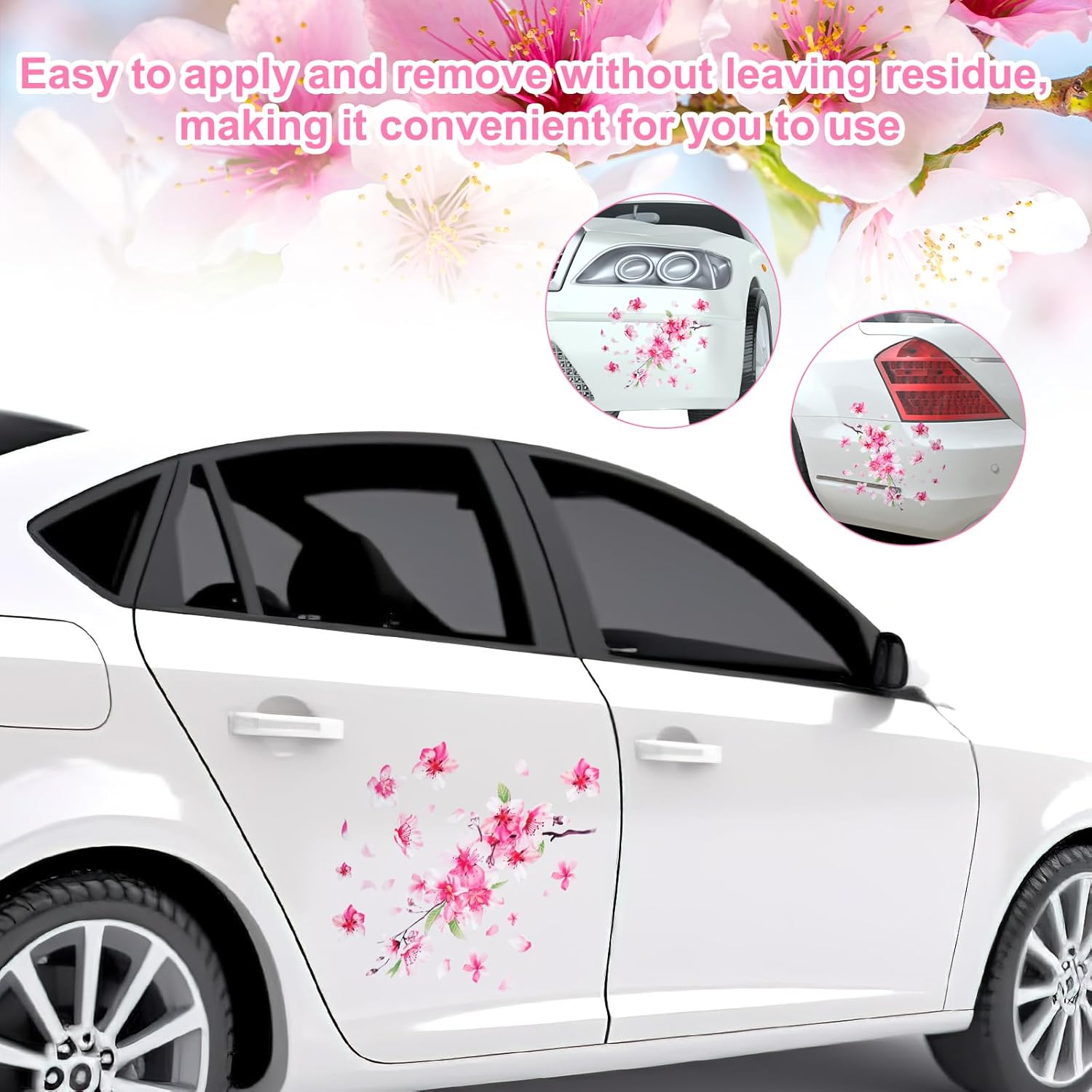 Cherry Blossom Car Sticker, Flower Car Bumper Decals Waterproof Car Scratch Cover Sticker Pink Car Decorations for Automotive Car Window Decor image number 2