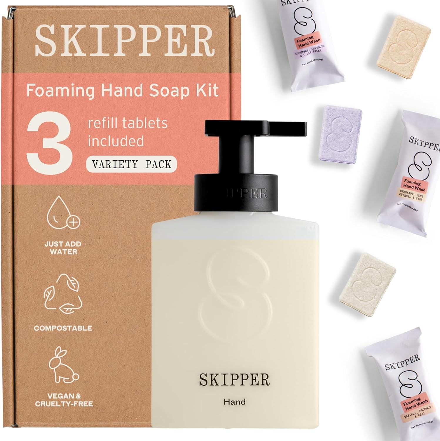 Tirtyl Skipper Hand Wash Single Kit - 1 Recycled Plastic Foaming Dispenser + 3 Tablet Refills (3X 8 Fl Oz Bottles of Soap) - Variety Fragrances