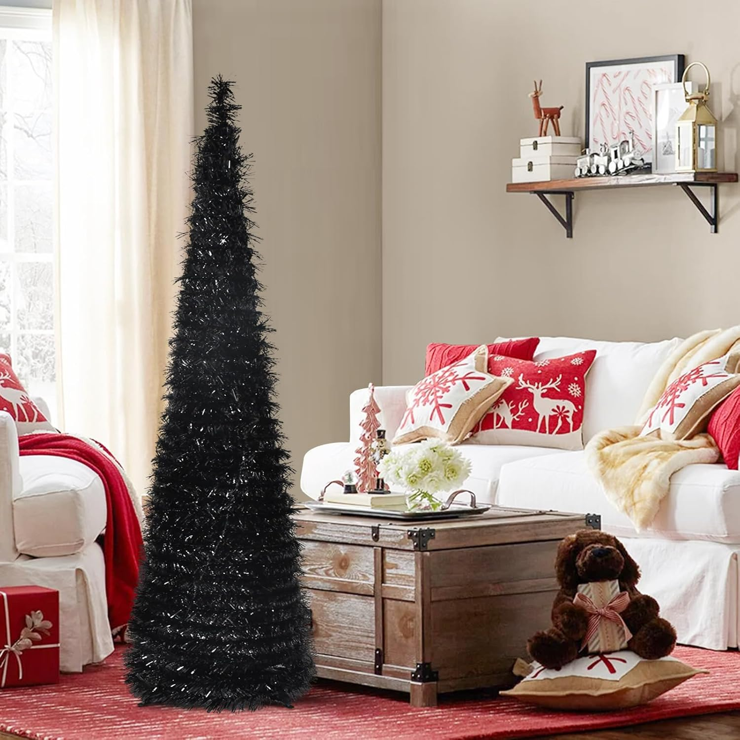 YUQI 5' Slim Black Tinsel Pop-Up Artificial Halloween Christmas Tree,Collapsible Pencil Halloween Christmas Trees Features Sequins Accents for Apartments,Dorm Rooms,Fireplace or Party image number 2