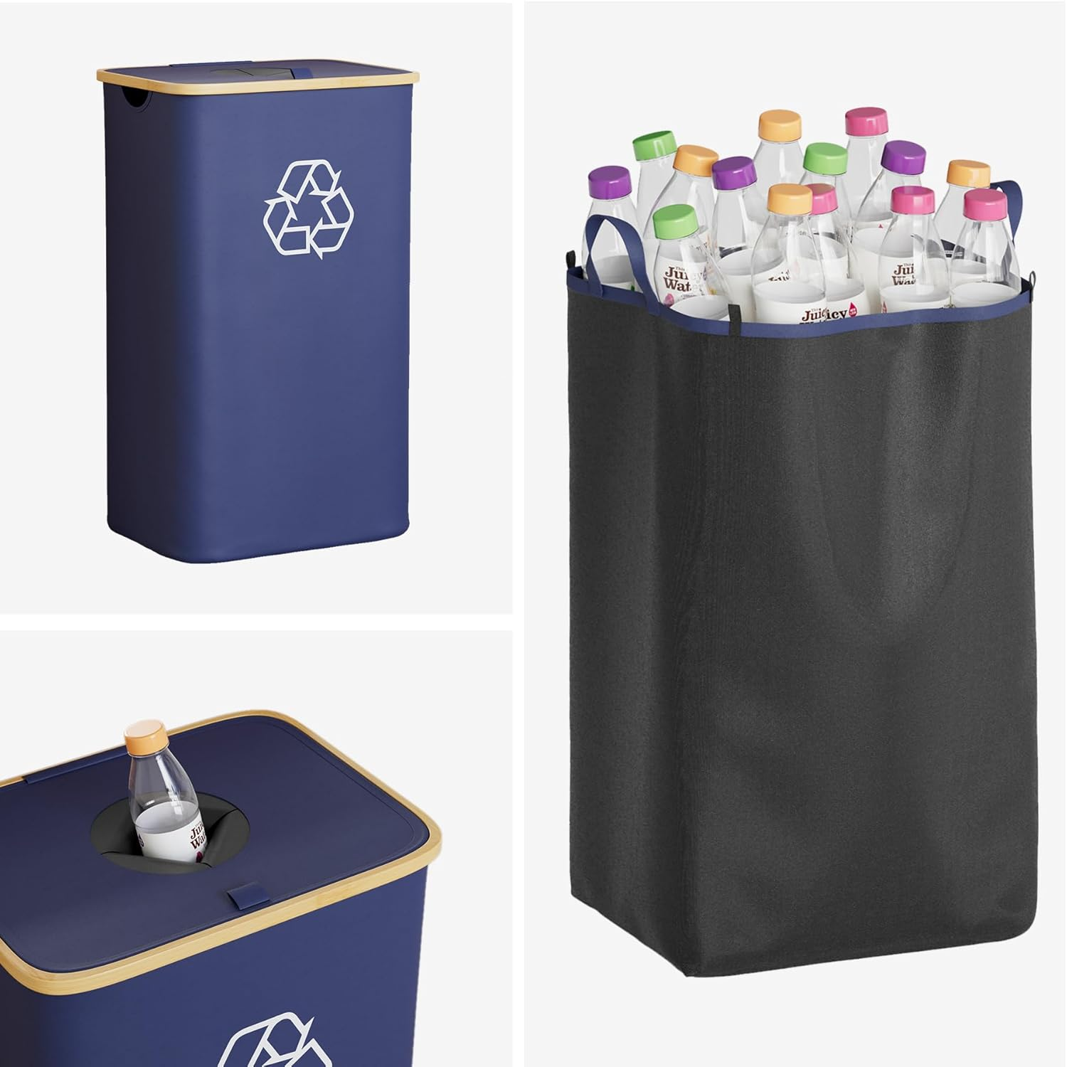 Spaceaid Recycling Bin for Kitchen 26 Gallon, 100L Recycle Bin with Lid and 2 Reusable Inner Bags, for Bottle Can Glass Plastic Stickers, Blue image number 4