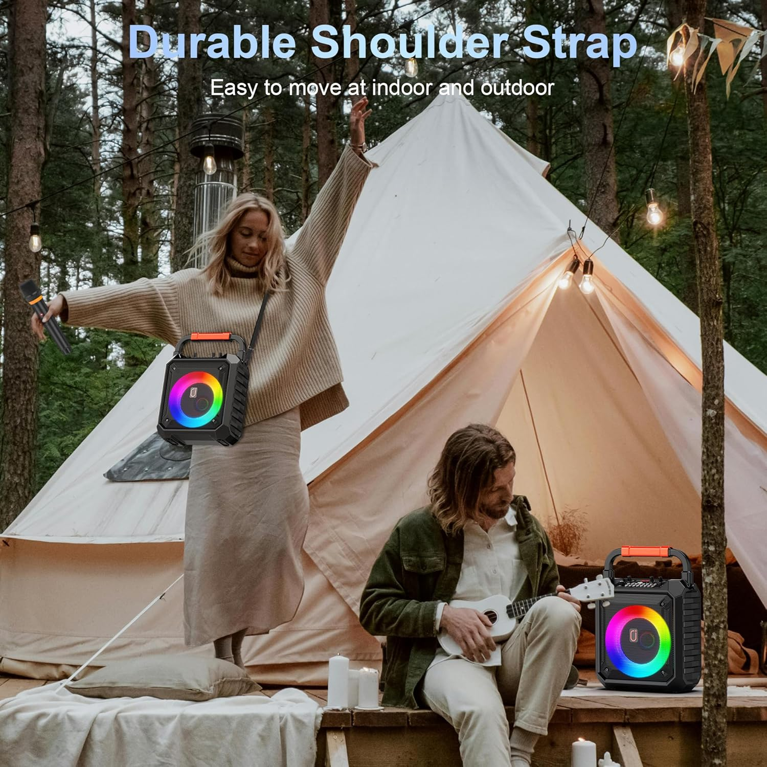 JYX Karaoke Machine 2 Microphones, Portable Bluetooth Karaoke Speaker with DJ Lights for Party & Outdoor, Wireless Microphone Karaoke for Adults, PA System Supports FM, USB, AUX, REC, TF image number 2