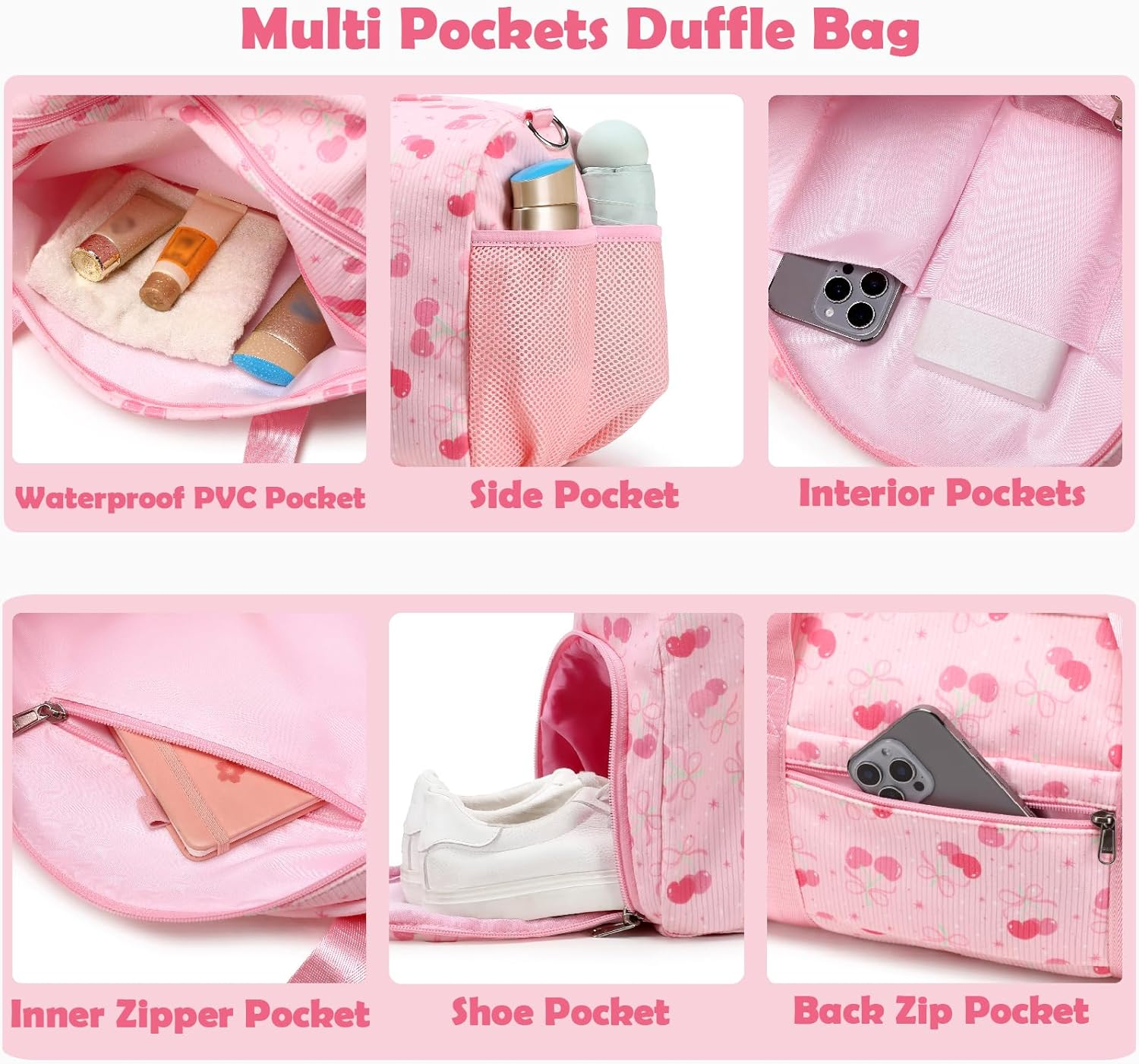 Kids Dance Bag Gymnastics Bag Girls Boys Duffle Bag Gym Sports Ballet Bag with Shoe Compartments, Girls Overnight Weekender Carry on Travel Bag, Cherry Pink - Bow Pink image number 7