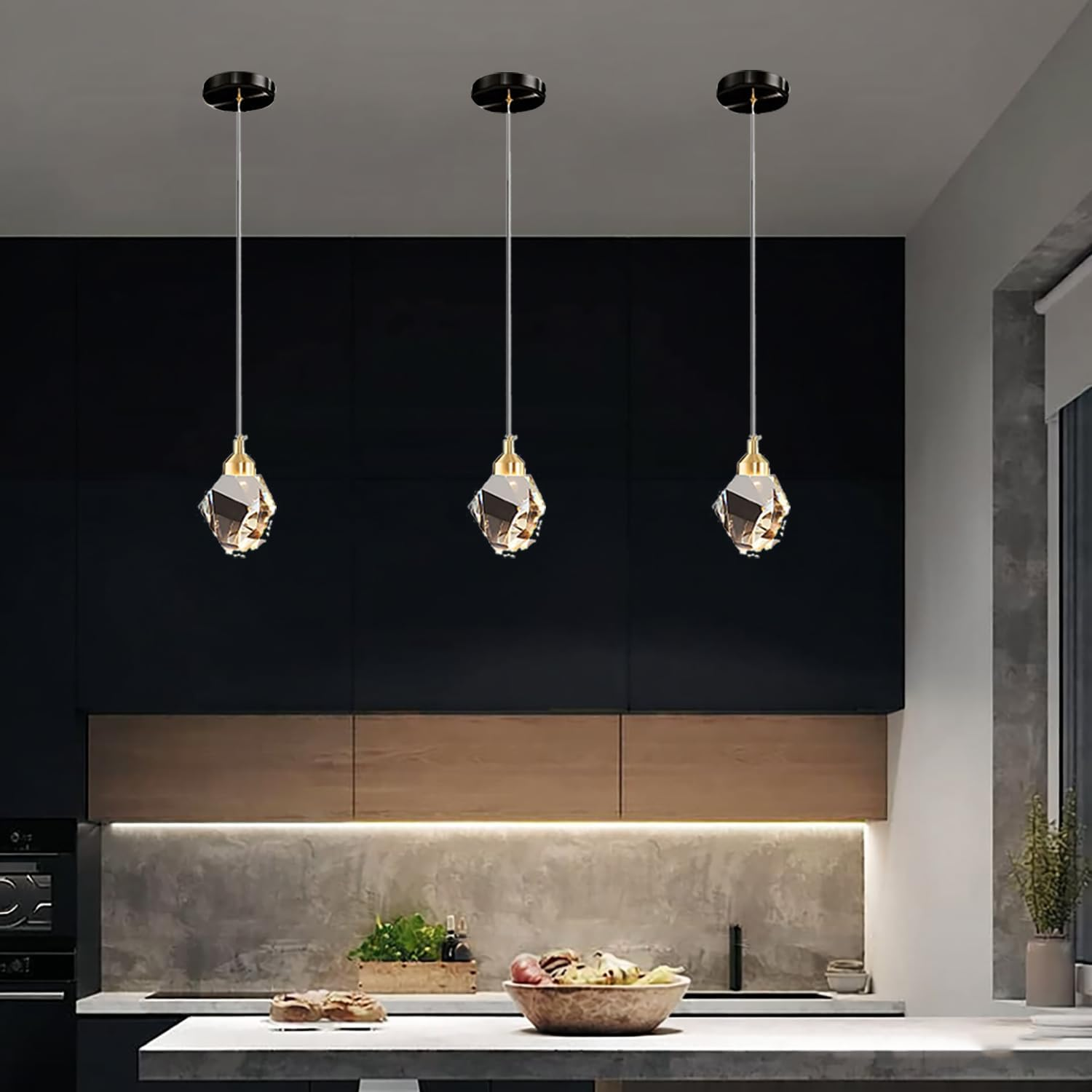 Modern Crystal Pendulum Light, 3-Color Led Suspender Lights, for Kitchen Bedroom Living Room Dining Room Lighting (Black) - Gold image number 4