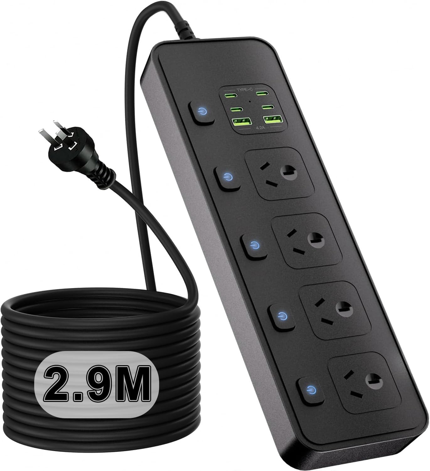 Power Board 3250W with Individual Switch,10-In-1 Power Strip with 4 AC Outlets, 6USB Ports(4 USB C) Surge Protector Powerboard, 2.9M Extension Cord Power Strip,Wall Mount for Home Office (Black)