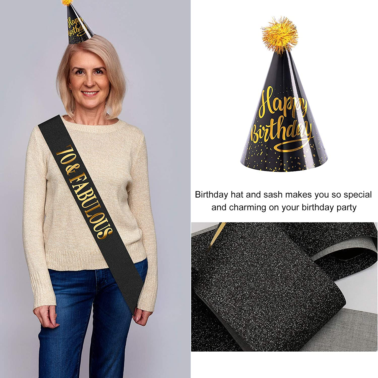 70Th Birthday Decorations - Black & Gold Party Supplies for Him & Her, Including Balloons, Curtain, Tablecloth, Photo Props, Foil Balloons, Sash image number 5