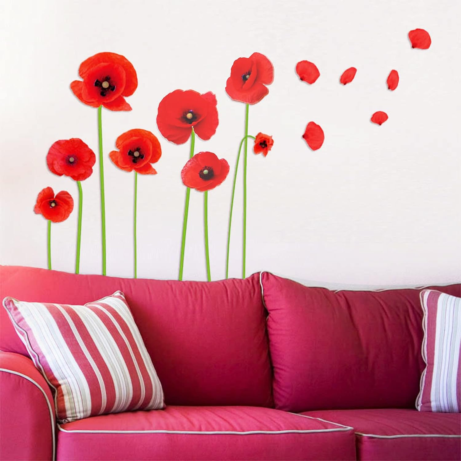 Maydahui Red Poppy Flower Wall Decals Beautiful Floral Wall Stickers (24 X 55 Inch) Peel and Stick Removable Art Mural Decor for Bedroom Living Room TV Sofa Background