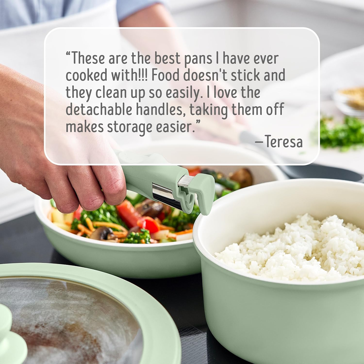 Greenlife Click 10-Piece Ceramic Nonstick Cookware Set, Detachable Handle, Stackable Space Saving Kitchen Essential, Non Toxic Pfas-Free Pots & Pans, Induction & Oven Safe, Glass Lid, Sage Green