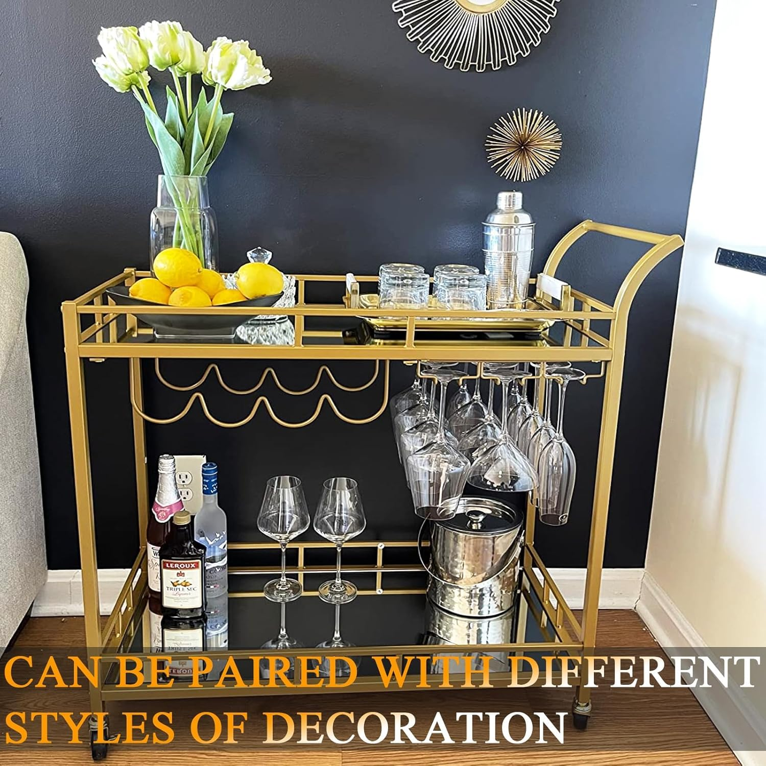 Bar Cart, Serving Cart for Home, Microwave Stand, Drink Trolley, Mobile Kitchen Shelf with Wine Rack and Glass Holder, Rolling Beverage Station for Kitchen, Dining Room, and Parties image number 3