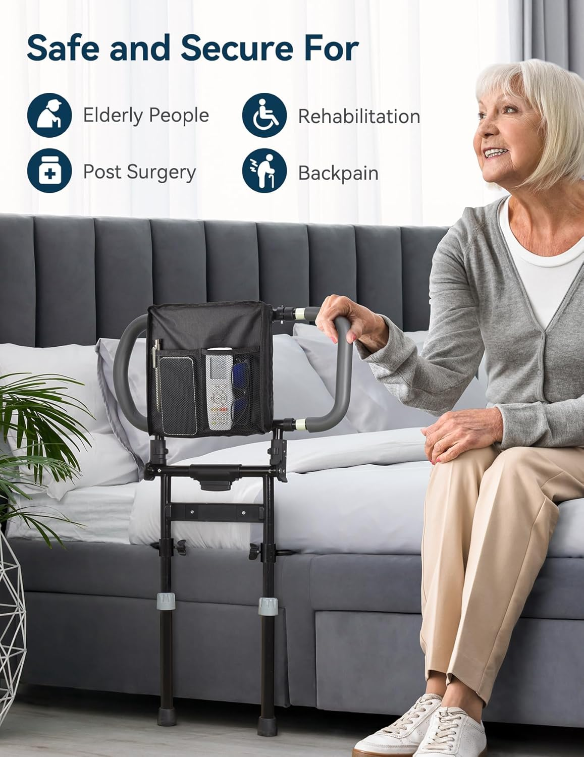 Lyrifine Bed Rail, Foldable Bed Rail for Elderly with Storage Pocket, Extendable Handle, Height Adjustable Bed Rails with Floor Support, Easy to Get in or Out of Bed image number 4