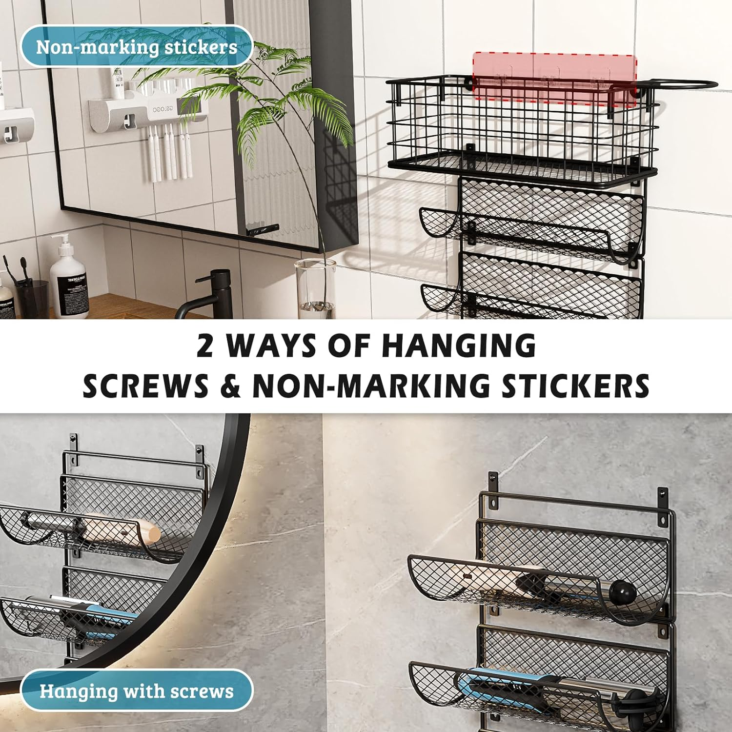 Wall-Mounted Hair Dryer Holder Styling Tool Organizer 4-Shelf Storage Wire Basket with Hook Heat Safe Rack for Hair-Straighteners,Curling Wands,Flat Iron,Perfume,Cabinet Door Bathroom Kitchen