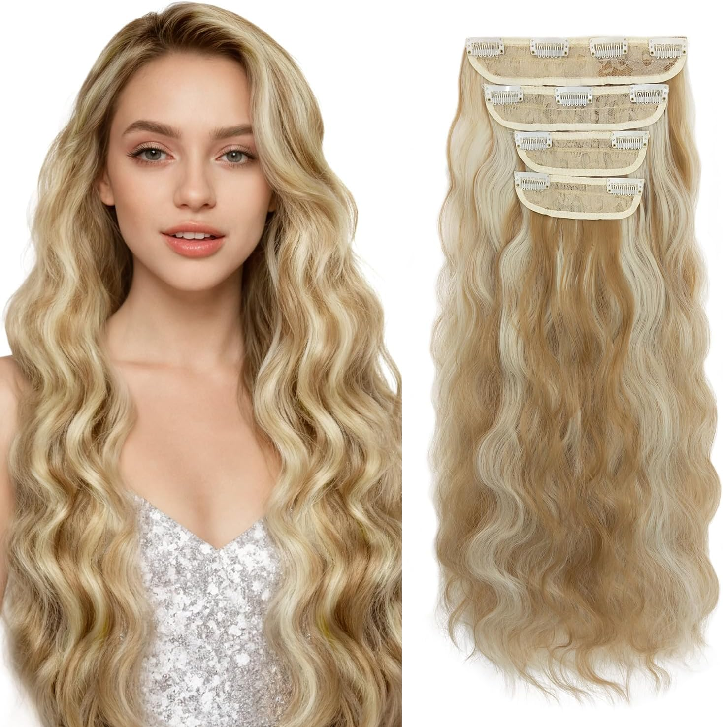 Hairro Clip in Hair Extensions, 20 Inch Long Wavy Hairpieces, Natural & Soft, 4PCS Black Mixed Light Brown Hair Extensions, 200G