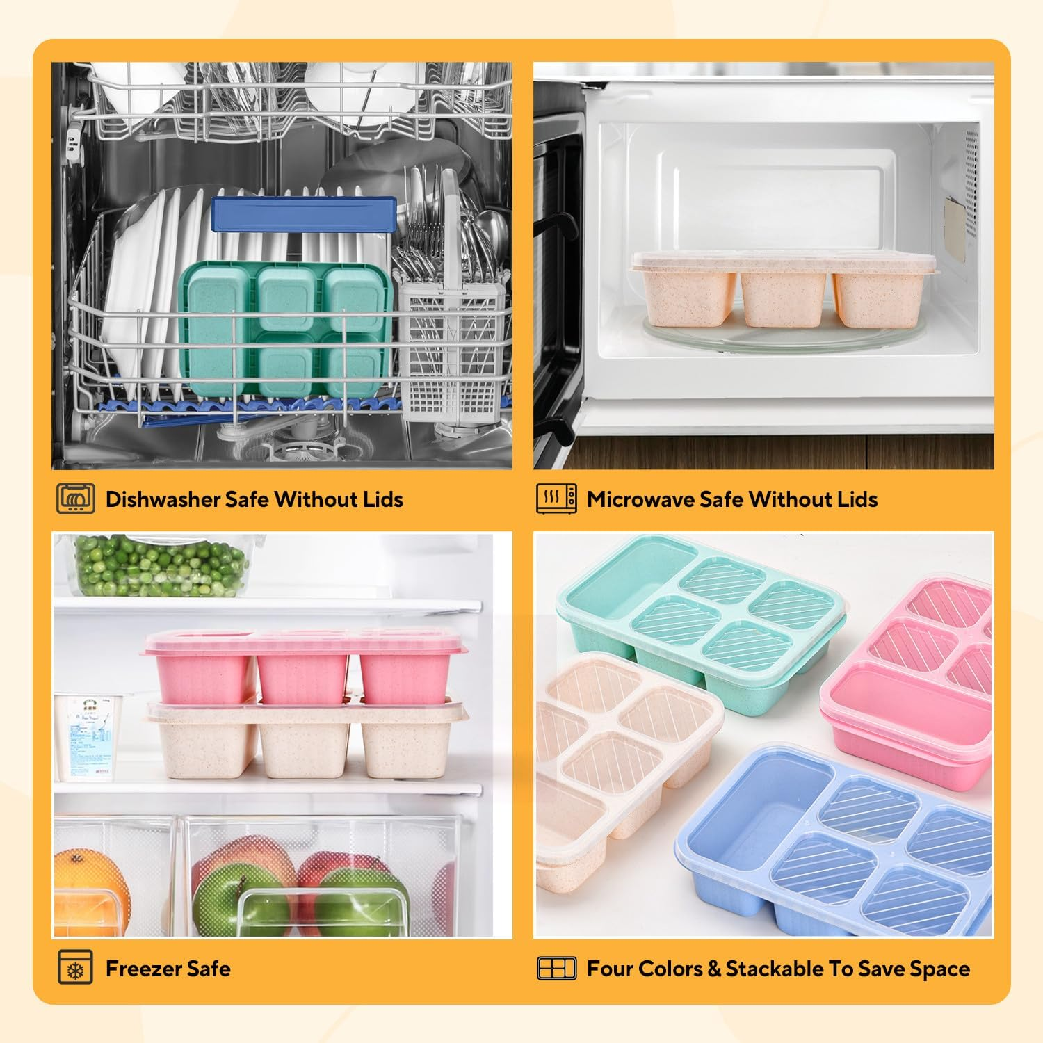 4 Pack Bento Snack Box, 5 Compartment Lunchable Snack Containers, Stackable Bento Lunch Boxes for Kids & Adults, Reusable Wheat Straw Meal Prep Lunch Containers for School，Work and Travel image number 1