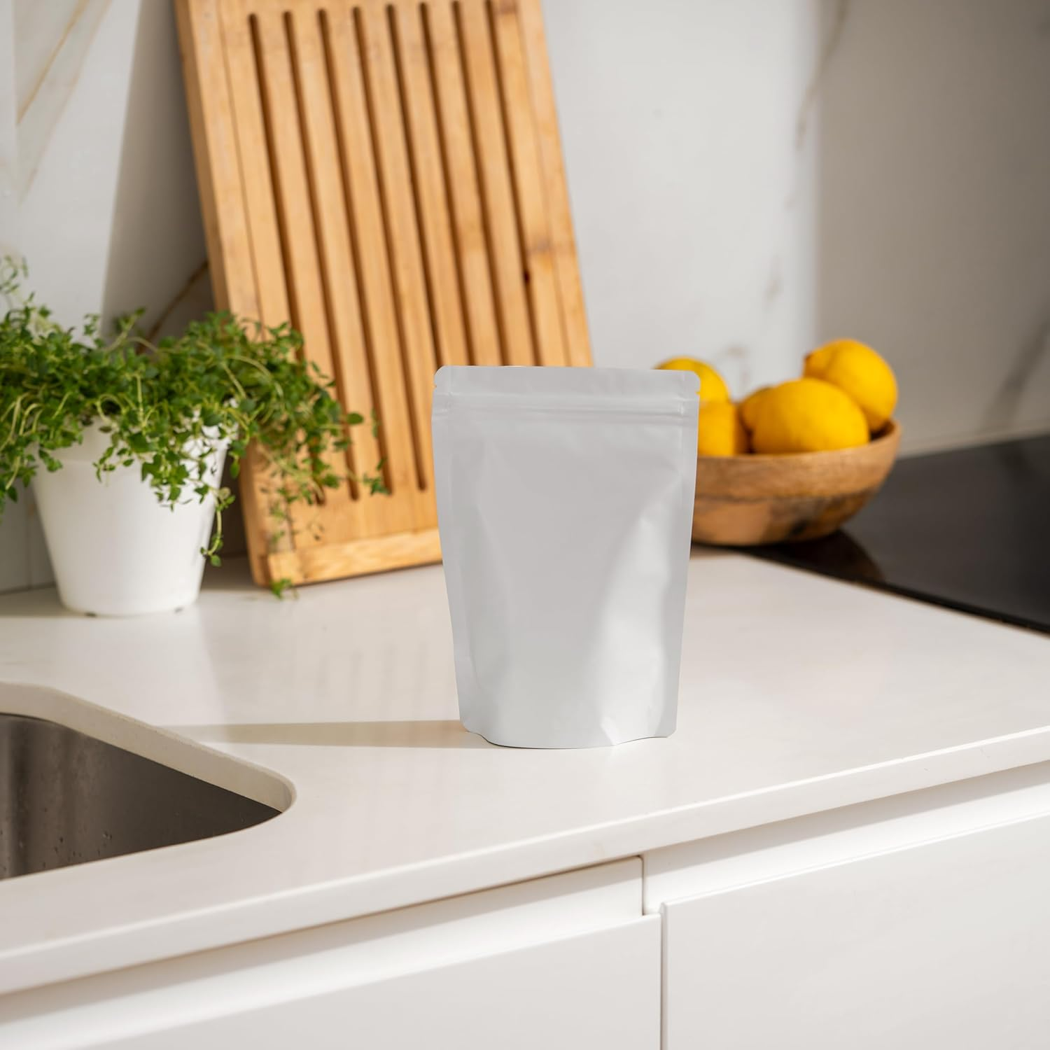 100 Pack Matte White Mylar Stand up Bags - 6.3X9.4 Inches Resealable Smell Proof Packaging Zipper Pouch, Heat Sealable Foil Sample Pouches for Food Storage image number 5