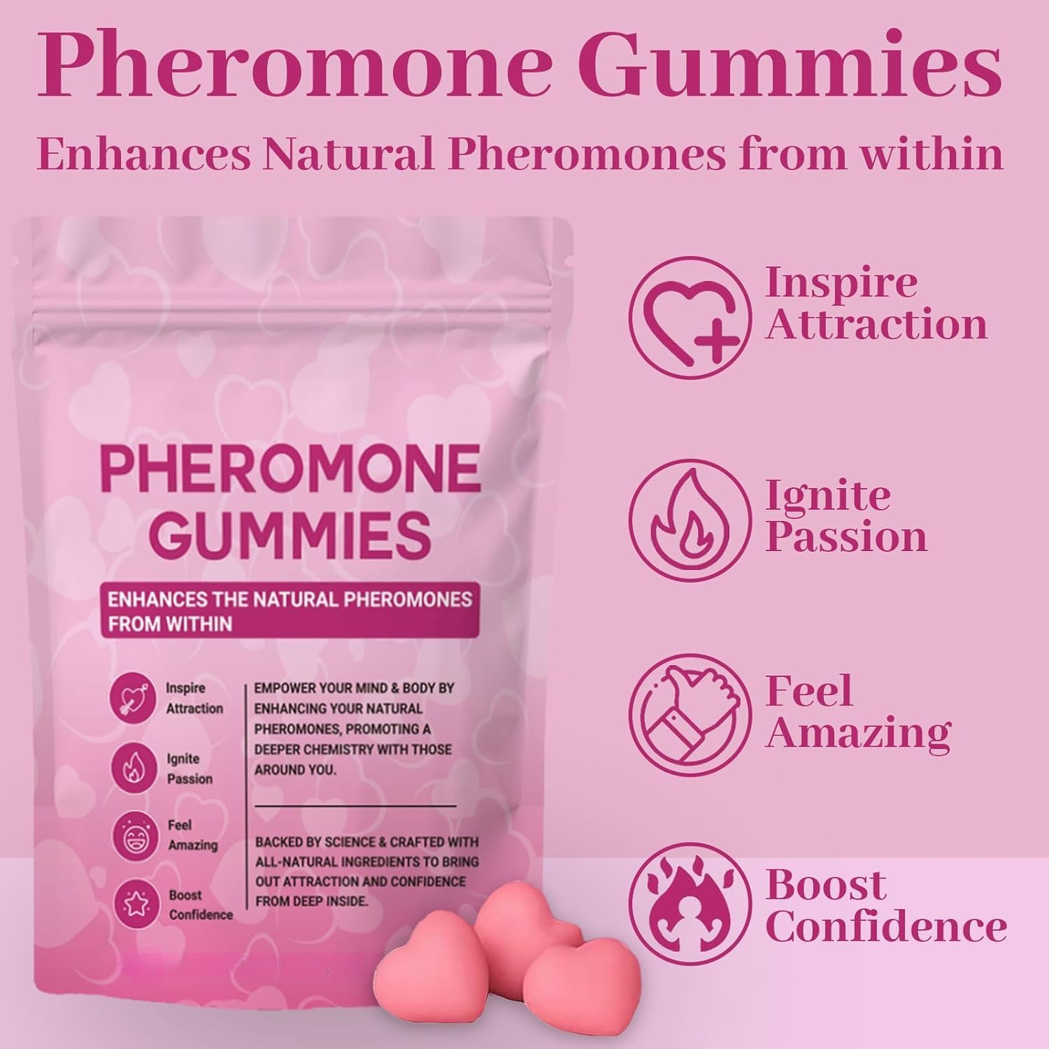 Women,Enhance Charm,Supports Balance,Confidence & Social Vibe,Vegan,Strawberry Flavor Pheromone Gummies image number 2