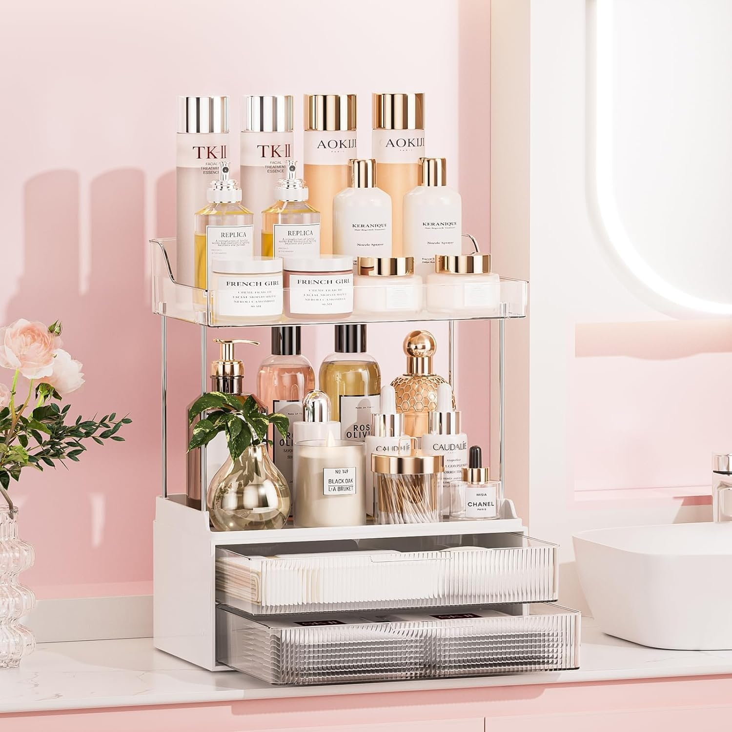 Bathroom Counter Organizer, 2 Tier 2 Drawer Makeup Countertop, Versatile Perfume Organizer, Makeup Organiser Storage, Large Skincare Organizers, Ideal for Bathroom Storage, Vanity, Perfume (Clear)