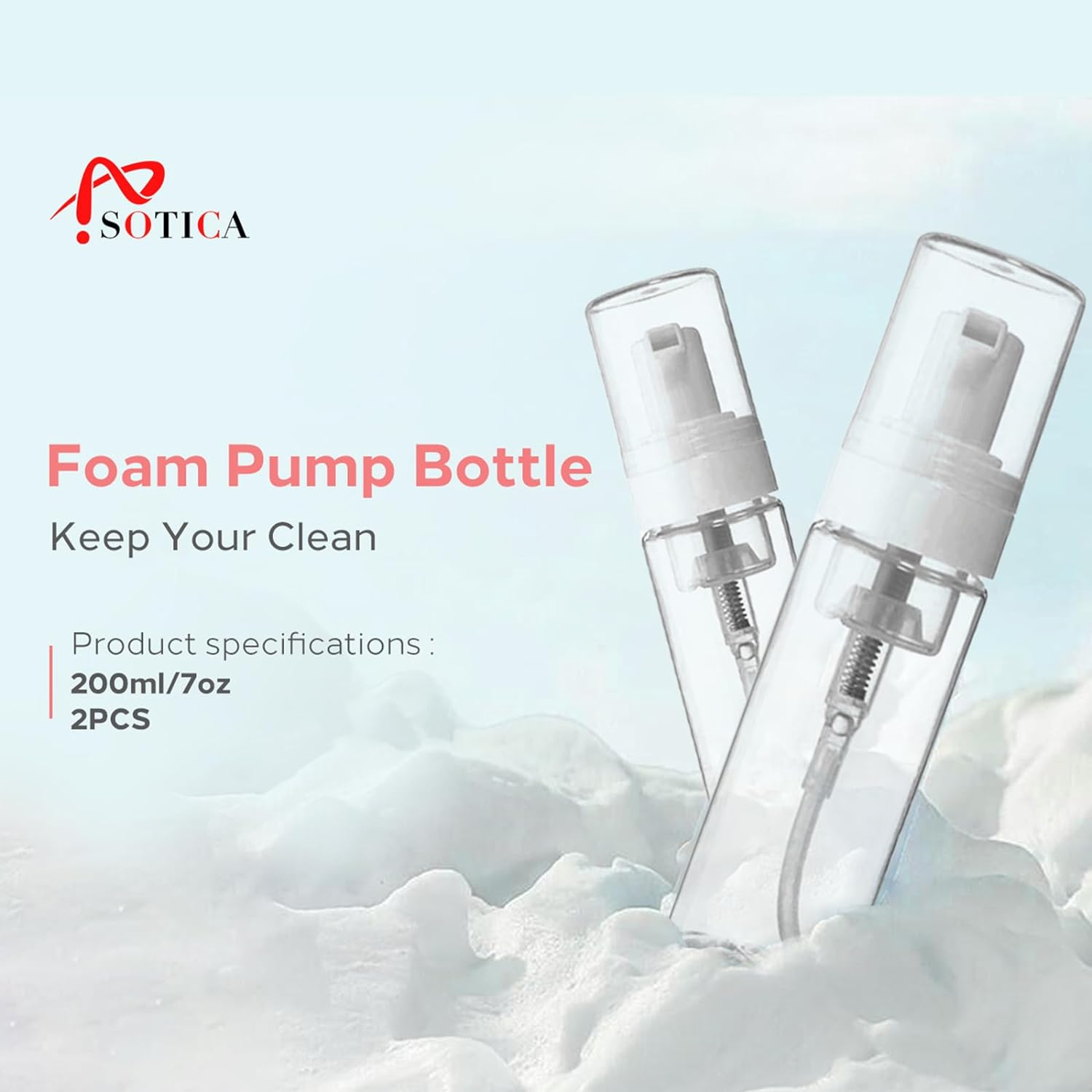 Foam Pump Bottle - SOTICA 2PCS 7OZ Foam Bottle Dispenser Transparent Foaming Soap Dispenser Empty Travel Pump Bottle for Refillable Cosmetic Pump Dispensers