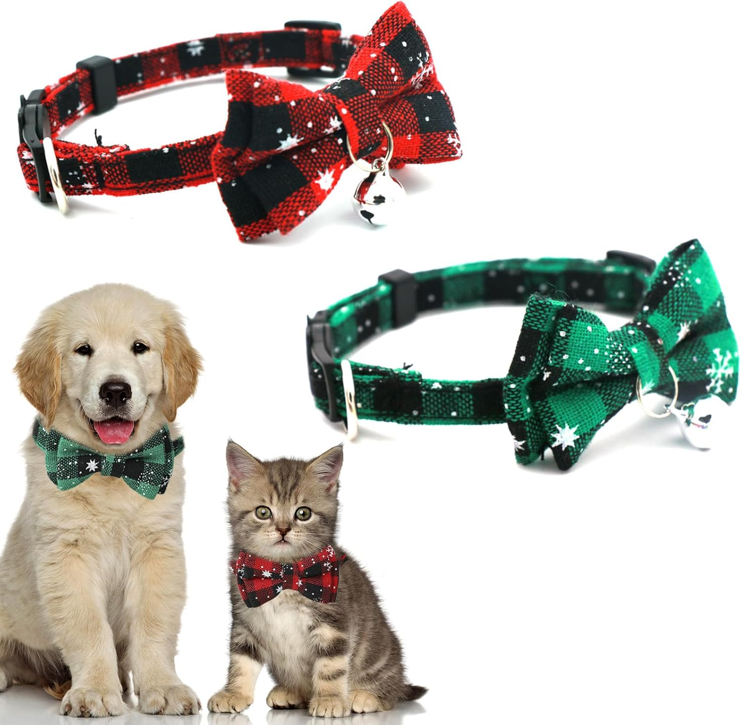2Pcs Christmas Cat Bow Tie Collars with Bells, Adjustable Cat Collars with Quick Release Buckles, Christmas Red Green Plaid Kitten Collars Bow Ties, Cat Dog Pet Christmas Outfit Costume Accessories image number 5