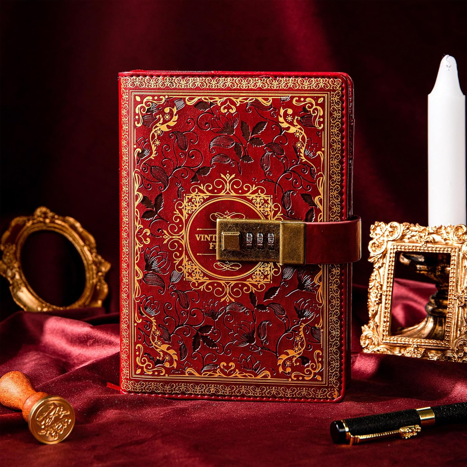 Vintage Leather Journal Notebook with Combination Lock, B6 Embossed Flower Secret Diary Ruled Lined Paper for Writing Women Girls Children (Wine) - Black image number 3