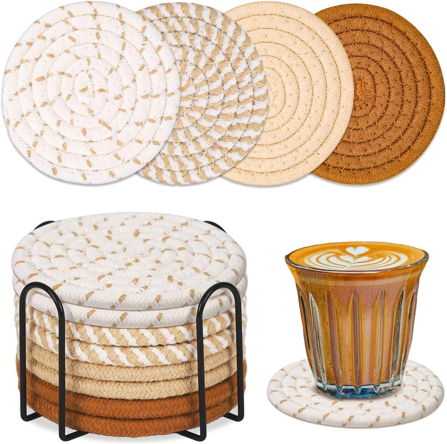 Sonicefit 8Pcs Drink Coasters with Holder, 4 Colors Minimalist Cotton Woven Coasters Set, Boho Absorbent Coaster Suitable for Various Cups, Ideal for Coffee Table, Bar Tabletop, Home Decor (Color 1)
