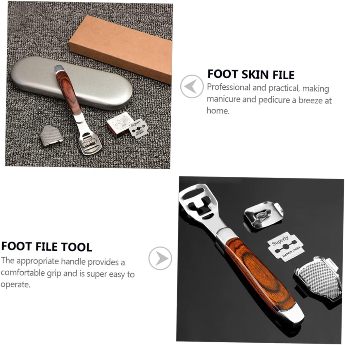 Baluue Stainless Steel Foot File Scraper Set (3 Pieces) Dead Skin Remover Callus Remover Tool Pedicure Kit for Men and Women Sturdy Easy to Use Comes in Assorted Color Wooden Box image number 4