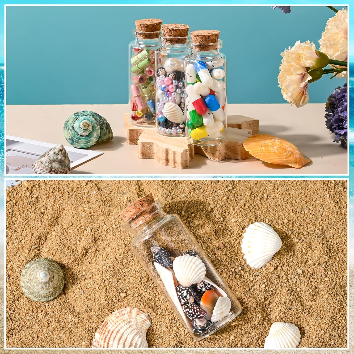 HPOPO 12PCS Mini Glass Bottle with Wood Cork Stoppers,30Ml DIY Decoration Glass Jars for Halloween Decorations,Wedding Party Favors image number 1