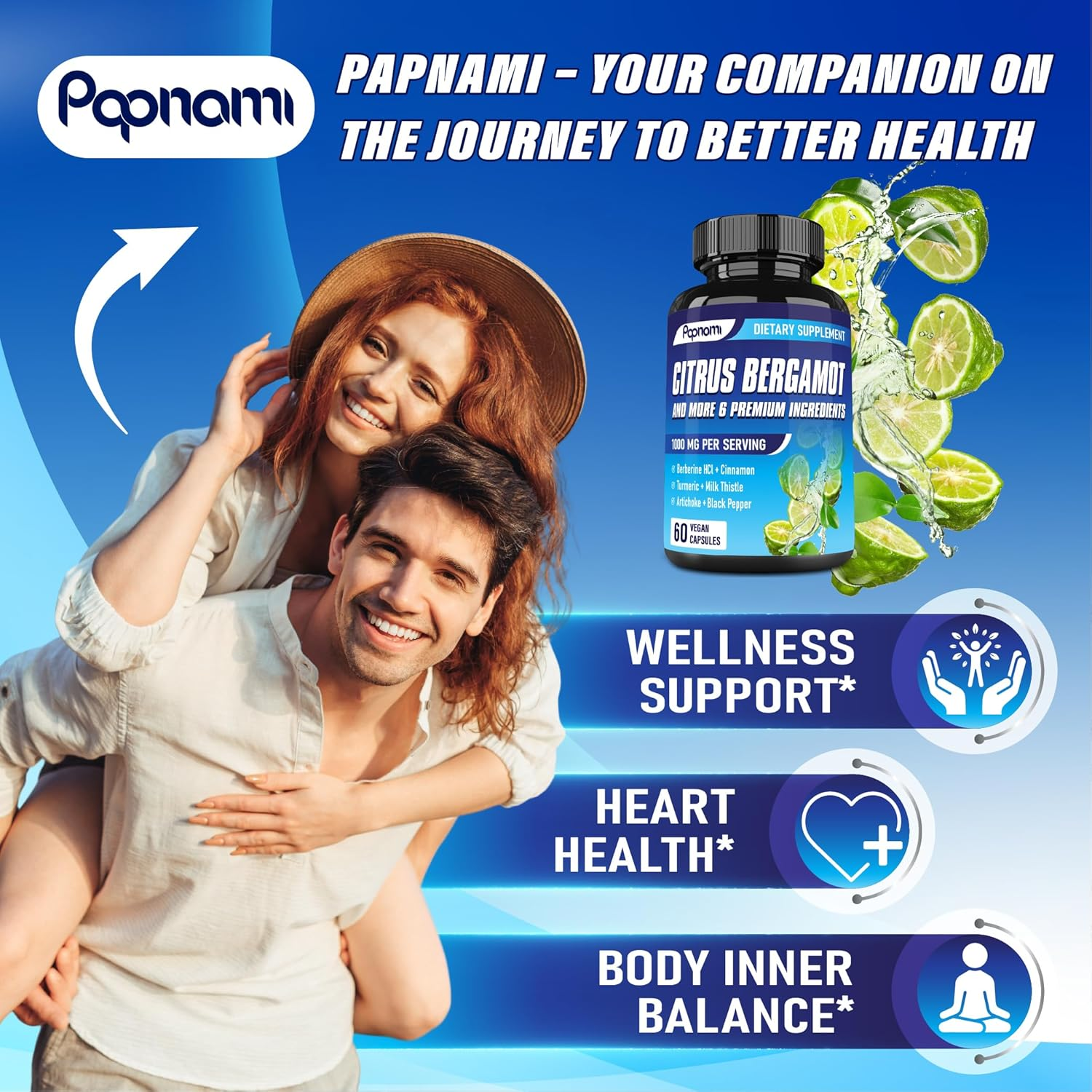 Papnami 7In1 Citrus Bergamot Supplement - Blended with Berberine Hcl, Cinnamon Bark, Turmeric, Milk Thistle, Artichoke Leaf & Black Pepper | 60 Count