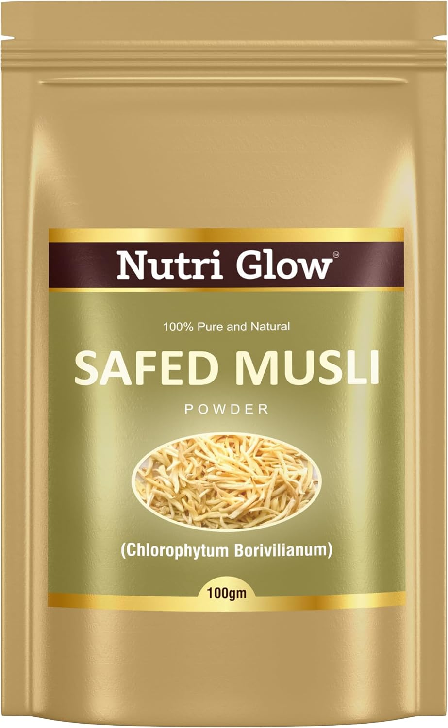 Nutri Glow | Safed Musli Powder | 3.53 Oz (100 G) | Chlorophytum Borivilianum | Herb for Vitality Improve Physical Strength | Muscle Builder Herbal Supplement | Vegan | Ayurveda | Non GMO | Potent Ayurvedic Herb | Resealable Air Tight Pouch image number 1
