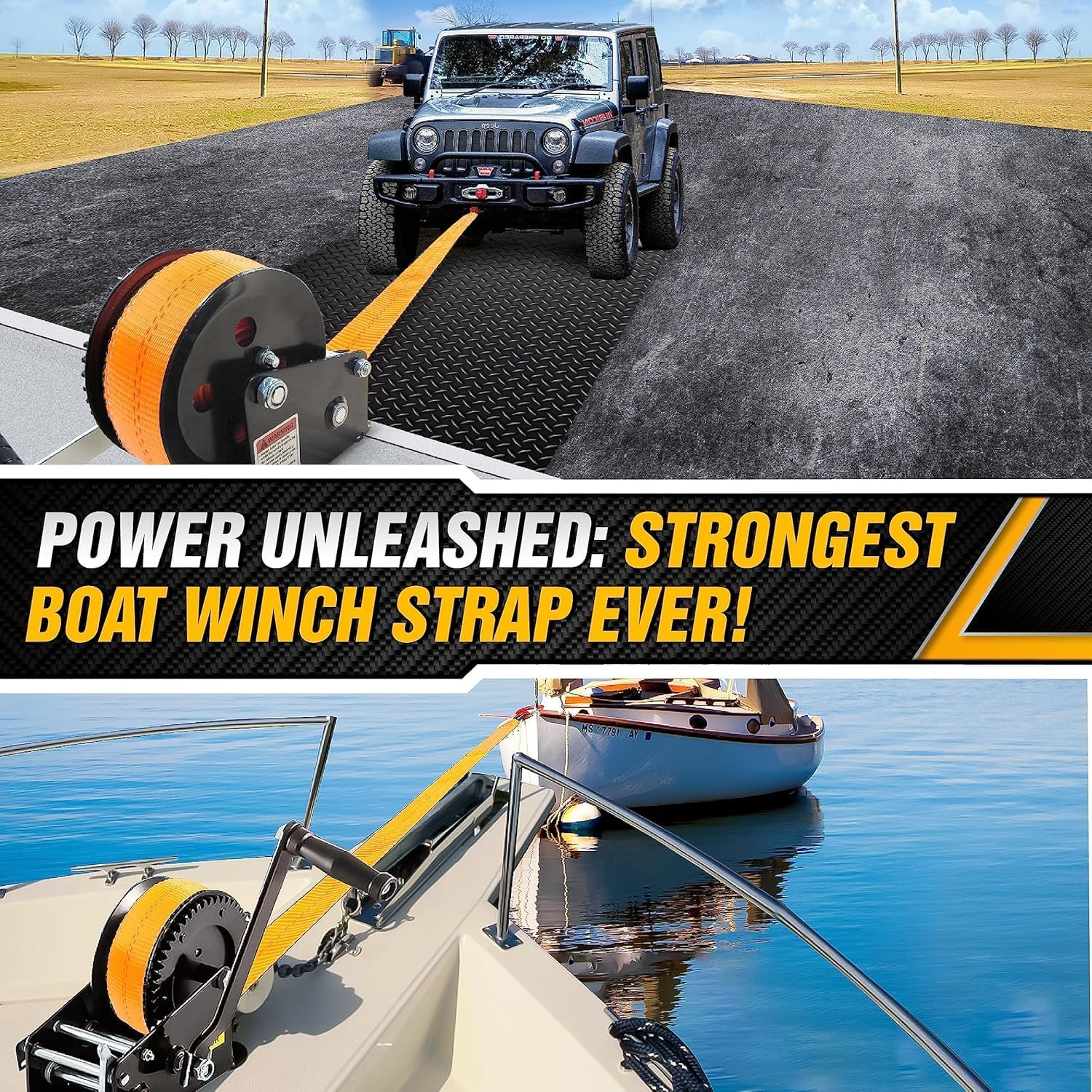 [Premium] Boat Trailer Winch Strap with Supper Steel Hook, 15000 LBS Break Strength, Two Layers Winch Strap, Winch Pulley Strap for Boat Trailer Replacement, Towing Vehicles & Boat Accessories 2"X20' image number 1