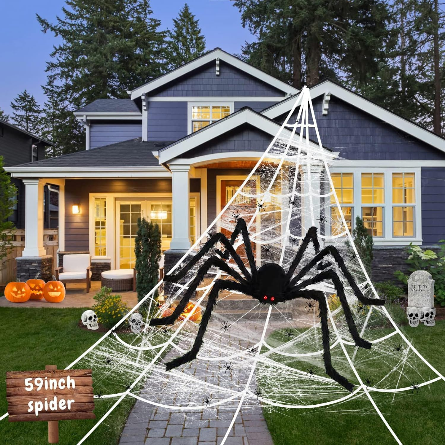 Giant Yard Halloween Decorations Outdoor Spider Web with 150CM Spider outside Scary Decor Hanging Triangular Mega Spider Web Fake Spiders Stretch Cobweb Set Party Supplies Favor image number 6