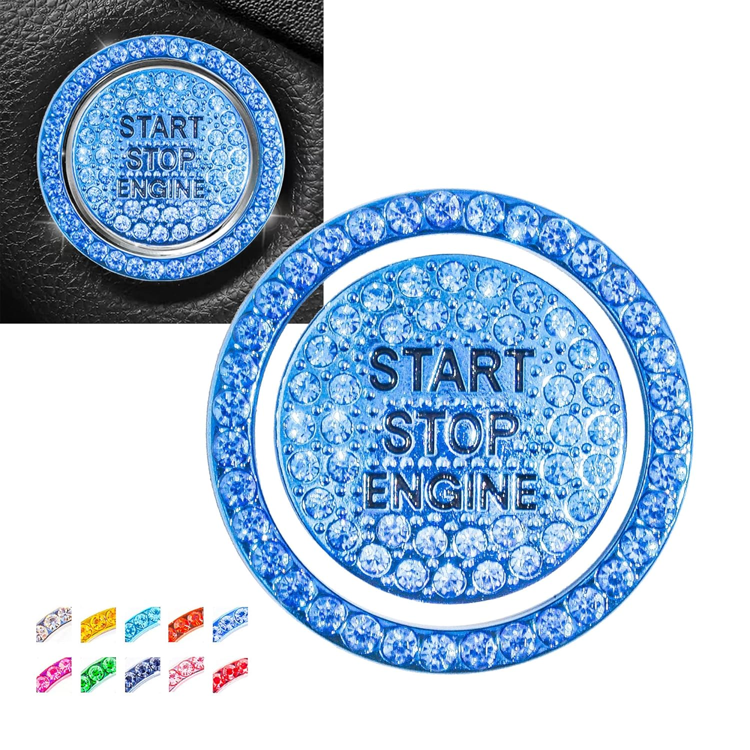 Engine Start Stop Button Bling Ring Cover,Key Ignition Starter & Knob Ring Crystal Rhinestone Cover, Push Start Button Cover Diamond Decor, Car Emblem Badge Sticker Women (Ring+Cover, Silver)