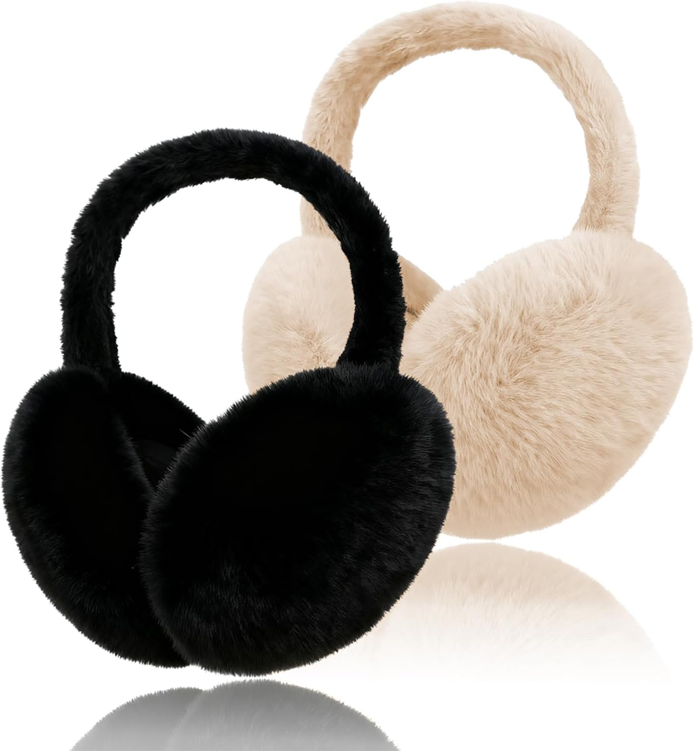 Cisnocr 2Pcs Earmuffs for Women Winter White Black Fur Earmuffs Foldable Ear Warmer Soft Ear Covers