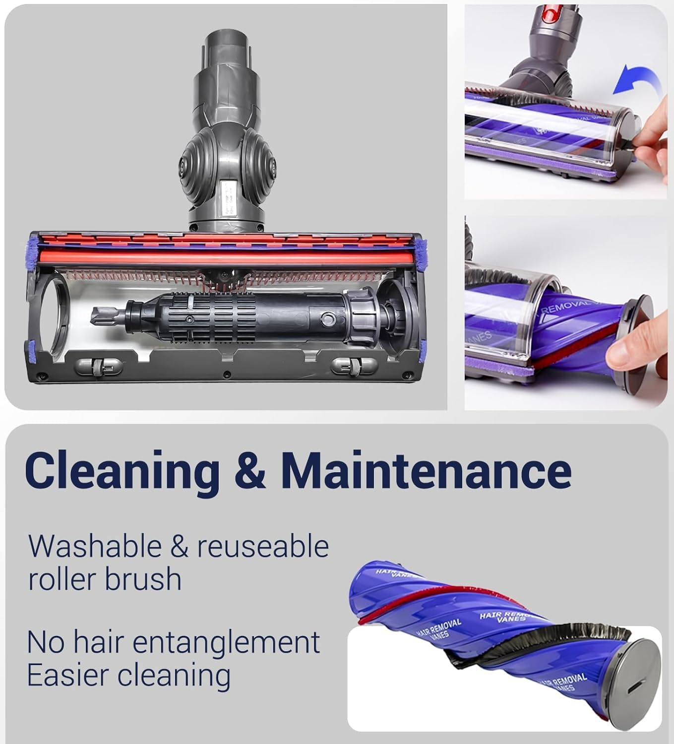 Upgrade Anti-Tangle Replacement Vacuum Head for Dyson V7 V8 V10 V11 V15 Vacuum Direct Drive Head for Hardwood Floor Carpets Attachment SV10 SV11 SV12 SV14 Bristle Roller Brush Parts image number 1