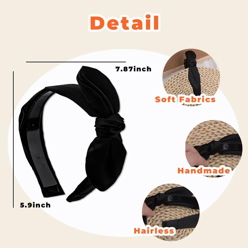 Black Bow Headbands for Fine Curly Hair Turban Headbands for Girls Women Non Slip Thin Headband Bow Hair Bands for Girls Women Ribbon Headband for Halloween Christmas Party Hair Accessories