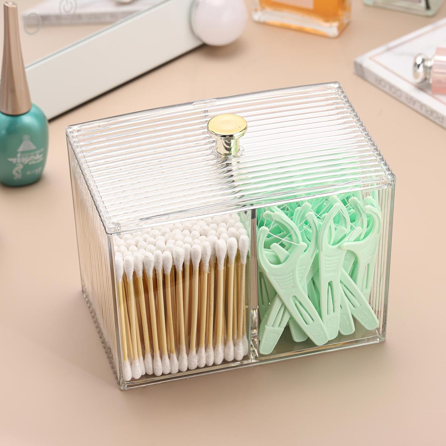 Tbestmax Qtip Holder Dispenser 3-Section Clear Bathroom Container Organizer 3 Grids Cotton Swab/Pad/Ball Holder Container Cosmetics Storage for Vanity image number 2
